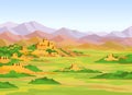 Animation colorful landscape, ruins of the ancient city on a background of mountains.