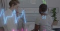 Animation of colourful cardiographs over diverse female nurse and patient in hospital