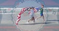 Animation of cotillion and usa flags over happy caucasian girl and boy running on beach