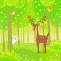 Animation deer in the wood plays at hide-and-seek with rabbits