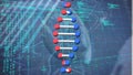 Animation of dna struture spinning over grid network against data processing on blue background
