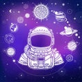 Animation drawing: Astronaut in a space suit. Planets of the solar system, space symbols. Royalty Free Stock Photo