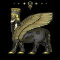 Animation drawing: image of the Assyrian mythical deity Shedu: a winged bull with head of person.