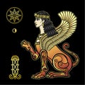 Animation drawing: sphinx woman with lion body and wings, a character in Assyrian mythology.