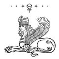 Animation drawing: sphinx woman with lion body and wings a character in Assyrian mythology. Ishtar Astarta Inanna.