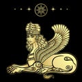 Animation drawing: sphinx woman with lion body and wings a character in Assyrian mythology. Ishtar Astarta Inanna.