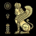 Animation drawing: sphinx woman with lion body and wings a character in Assyrian mythology. Ishtar Astarta Inanna.
