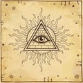 Animation drawing: symbol of Egyptian pyramid, all-seeing eye, sun rays. Royalty Free Stock Photo