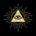 Animation drawing: symbol of Egyptian pyramid, all-seeing eye, sun rays. Egyptian history and mythology.