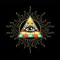 Animation drawing: symbol of  Egyptian pyramid, all-seeing eye, sun rays. Egyptian history and mythology. Royalty Free Stock Photo