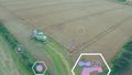 Animation of eco icons and data processing over countryside farm land