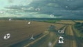 Animation of eco icons and data processing over countryside farm land