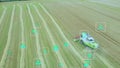 Animation of eco icons and data processing over countryside farm land