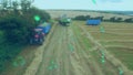 Animation of eco icons and data processing over countryside farm land