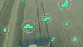 Animation of eco icons and data processing over countryside farm land