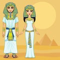 Animation Egyptian imperial family in ancient clothes. Full growth. Background - the desert, the Egyptian pyramids. Royalty Free Stock Photo