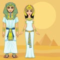 Animation Egyptian imperial family in ancient clothes. Full growth. Background - the desert, the Egyptian pyramids.