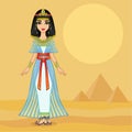 Animation Egyptian princess in ancient clothes and gold jewelry. Queen, goddess, princess. Royalty Free Stock Photo