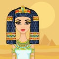 Animation Egyptian princess in ancient clothes and wig, gold jewelry. Queen, goddess, princess. Royalty Free Stock Photo