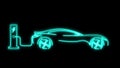 Animation of electric car connected to electric charger. Car of the future, modern designer and neon light. Car charging battery