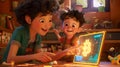Animated mother and child exploring bitcoin on a digital tablet in a cozy room. bright, colorful illustration of