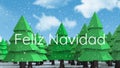 Animation of felix navidad text banner and snow fallling over trees on winter landscape
