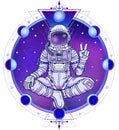 Animation figure of the astronaut sitting in Buddha pose. Meditation in space. Royalty Free Stock Photo