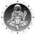 Animation figure of the astronaut sitting in Buddha pose. Meditation in space.