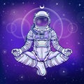 Animation figure of the astronaut sitting in Buddha pose. Meditation in space.