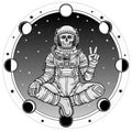 Animation figure of the astronaut skeleton sitting in Buddha pose. Meditation in space. Royalty Free Stock Photo