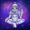 Animation figure of the astronaut skeleton sitting in Buddha pose. Meditation in space. Royalty Free Stock Photo
