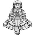 Animation figure of the woman astronaut sitting in a Buddha pose. Royalty Free Stock Photo