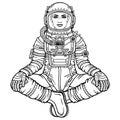 Animation figure of the woman astronaut sitting in a Buddha pose.