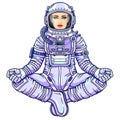 Animation figure of the woman astronaut sitting in a Buddha pose. Royalty Free Stock Photo