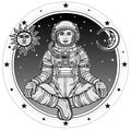 Animation figure of the woman astronaut sitting in Buddha pose. Meditation in space. Royalty Free Stock Photo