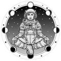 Animation figure of the woman astronaut sitting in Buddha pose. Meditation in space. Royalty Free Stock Photo