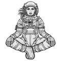 Animation figure of the woman astronaut sitting in a Buddha pose.