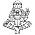 Animation figure of the woman astronaut sitting in a Buddha pose.