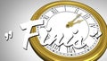 Animation of finis text over clock moving fast