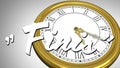 Animation of finis text over clock moving fast