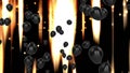 Animation of flying blackl balloons and lights over black background