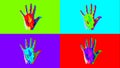 Animation of four human hands in bright colors