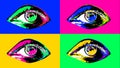 Animation of four multicolored human eyes