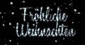 Animation of frohliche weihnachten text over snow falling on black background