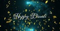 Animation of gold confetti falling over happy divali text and shooting stars on black background