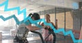 Animation of graph processing data over caucasian woman on elliptical cheered by friends at gym