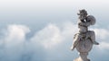 Animation of gray sculpture of cupid over blue sky and clouds, copy space