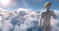 Animation of gray sculpture of man over blue sky and clouds, copy space