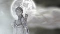 Animation of gray sculpture of woman over dark sky and moon, copy space