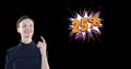 Animation of happy caucasian woman pointing towards 25 number with percentile on black background